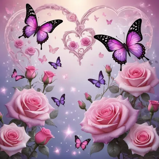 Prompt: Hearts with pink and puurple roses and butterflies, fantasy art, detailed, fantasy, romantic, soft and bright tones, soft lighting, butterflies, roses, elegant design, stars atmosphere