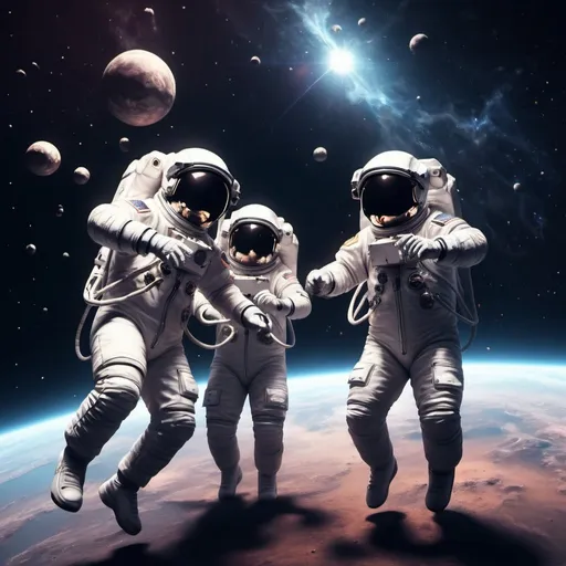 Prompt: Astronauts dancing in space with music, digital art, cosmic dust particles, music styles, 