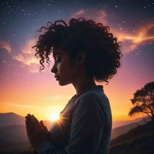 Prompt: Curly hair woman silhouette praying at sunset, scenic landscape, stars, vibrant colors, warm tones, realistic, high quality, atmospheric lighting, detailed hair, serene vibes, scenic beauty, sunset glow, professional, scenic landscape, atmospheric lighting, realistic style, vibrant colors, warm tones