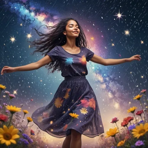 Prompt: Different ethnic girls dancing, she moves to the sky with stars and hearts, moving on her face. Galaxy and stars background, rain, flowers around her. 