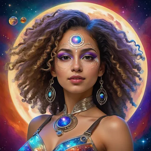 Prompt: Puerto Rican women with light-skinned facial features are ethnic, dancing in space, cosmic dust particles, digital art, mystical, moving stars around the eyes, high-tech futuristic settings, vivid cosmic colors, detailed futuristic costumes, professional digital art, vibrant and immersive lighting, high quality, mystical dance, digital, cosmic, space, technology, moving stars, futuristic, vivid colors, detailed costume, professional, vibrant lighting. Artistic dancing woman with curly hair, an open heart on her chest, and children from different  countries around her, with the full moon casting a gentle glow over her, set in a vivid landscape filled with musical notes and a vibrant, muralist-inspired sky with planet Earth background with children around them, with stars and bright colors, planets, open sky