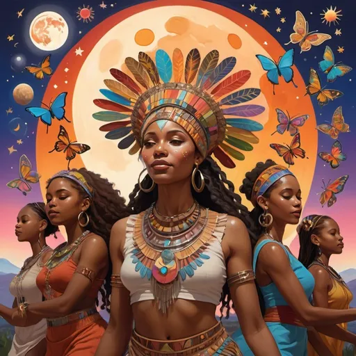 Prompt: Artistic render of a moving dancing, light-skinned African puerto rican and other women ethnics wearing a complex headdress, with the full moon casting a gentle glow over her, set in a vivid landscape filled with music totems butterflies, and a vibrant, muralist-inspired sky with planet Earth with children around them, with stars and bright colors, planets.