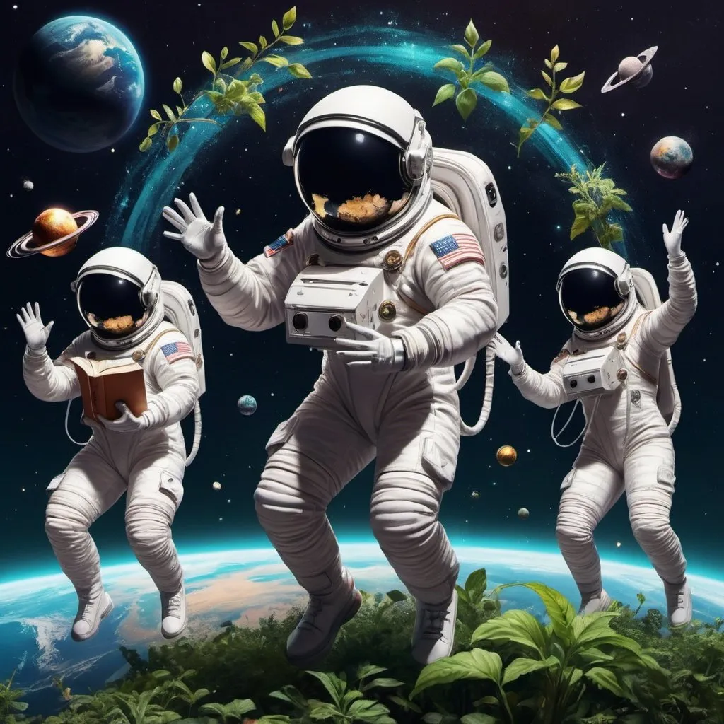 Prompt: Astronauts queens with head pieces dancing in space with music, digital art, cosmic dust particles, music styles, planet earth, children around astronauts, music, reading, plants, futuristic, 