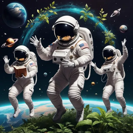 Prompt: Astronauts queens with head pieces dancing in space with music, digital art, cosmic dust particles, music styles, planet earth, children around astronauts, music, reading, plants, futuristic, 