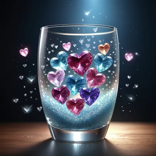 Prompt: Diamond hearts in a glass detailed with fairy dust, hearts, and love energy, hyperrealistic, intricately detailed, dynamic lighting, splash screen art, trending