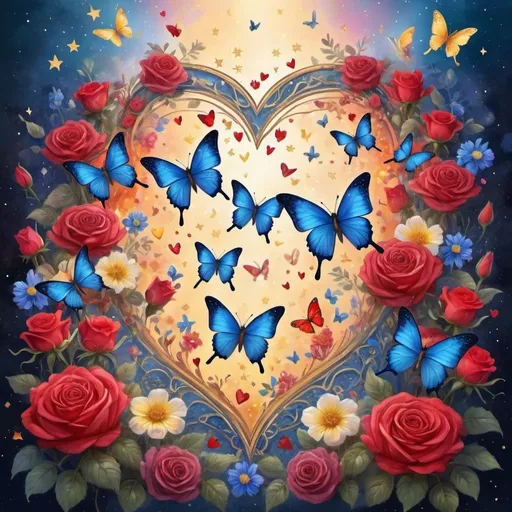 Prompt: Detailed fantasy illustration of colorful hearts surrounded by red, blue, and yellow flowers and butterflies, soft and bright tones, romantic fantasy art with elegant design, stars atmosphere, high quality, detailed, fantasy, romantic, soft lighting, butterflies, roses, bright tones, stars atmosphere, elegant design, colorful, intricate details