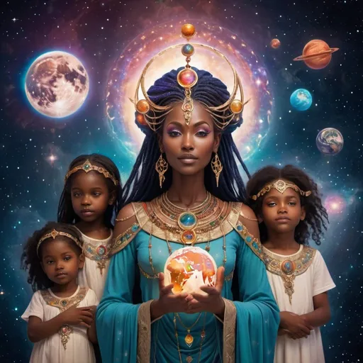 Prompt: Celestial dar skinned soul goddess with children around, in space with starts, planet earth in the background, world, vibrant colors, ,surreal, detailed attire, glowing moonlight, enchanting aura, ethereal, magical,cosmic, detailed facial features, music symbols