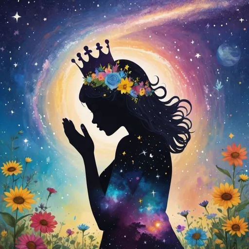 Prompt: Silhouette of a woman holding and wearing a crown with glitter looking uo to the sky, set in a Galaxy and stars background, rain, flowers around her. Filled with musical notes and a vibrant, muralist-inspired sky with planet Earth background with children around them, with stars and bright colors, planets, open sky