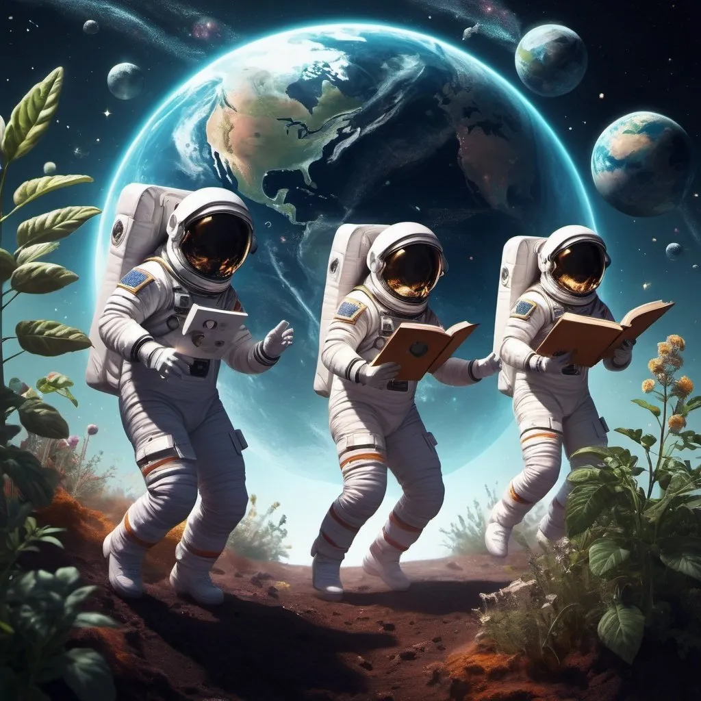 Prompt: Astronauts dancing in space with music, digital art, cosmic dust particles, music styles, planet earth, children around astronauts, music, reading, plants, futuristic, 