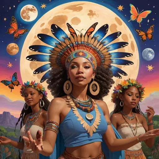 Prompt: Artistic render of a moving dancing, light-skinned African puerto rican and other women ethnics wearing a complex headdress, with the full moon casting a gentle glow over her, set in a vivid landscape filled with music totems butterflies, and a vibrant, muralist-inspired sky with planet Earth with children around them, with stars and bright colors, planets.