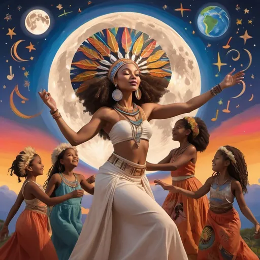 Prompt: Artistic render of a moving, dancing, light-skinned African Puerto Rican and other women ethnics wearing a complex headdress, with the full moon casting a gentle glow over her, set in a vivid landscape filled with musical notes, and a vibrant, muralist-inspired sky with planet Earth with children around them, with stars and bright colors, planets.
