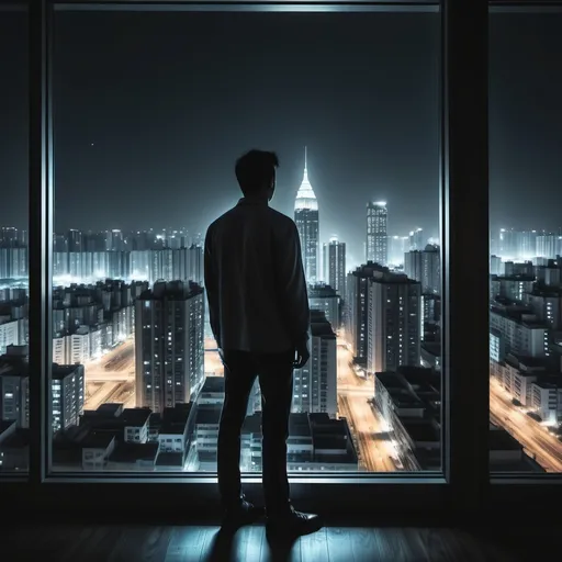 Prompt: A man standing on that 10th floor and seeing outside night view of the big city