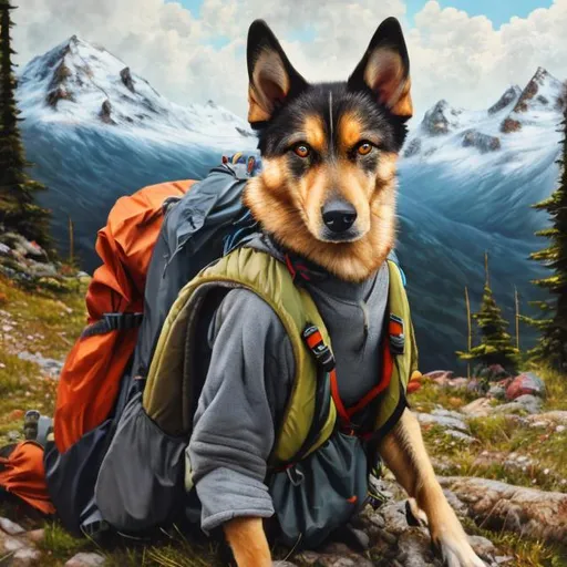 Prompt: Dog with rucksack and camping gear in the mountains, oil painting, detailed fur, serene mountain landscape, high quality, realistic, natural lighting, detailed eyes, adventurous, outdoor, hiking, backpacking, loyal companion, majestic mountains, vibrant colors, detailed nature, peaceful atmosphere