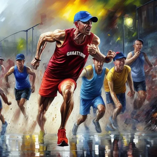 Prompt: Marathon runner wearing baseball cap and vest with Graham on in action, realistic oil painting, sweating, determined expression, dynamic movement, high energy, vibrant colors, realistic lighting effects, high quality, realistic, oil painting, dynamic movement, determined expression, vibrant colors, sweating, high energy, realistic lighting