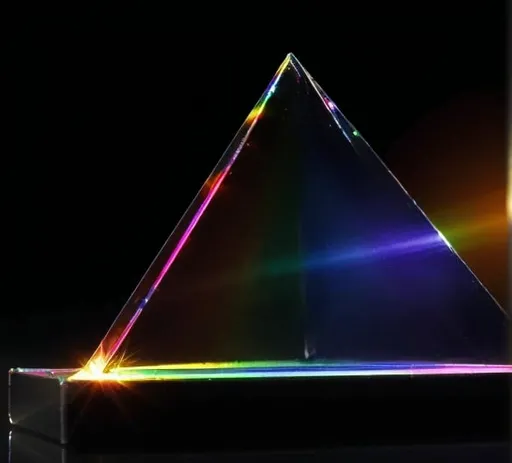 Prompt: make a high definition image of a glass prism with a colored beam of light as similar to the reference image as possible