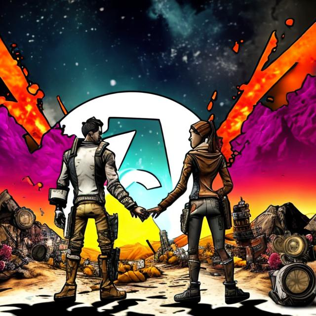 Prompt: Borderlands style scene with silhouette of couple holding hands in foreground