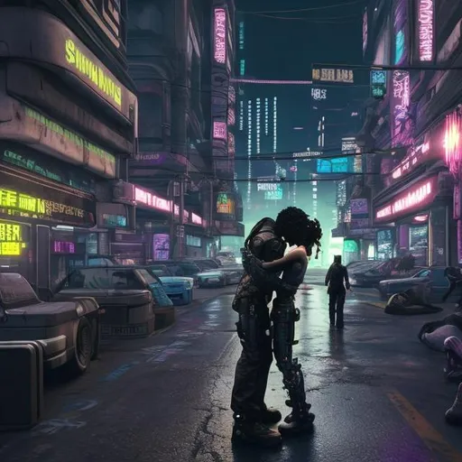 Prompt: shadowrunners kissing on cyberpunk city street