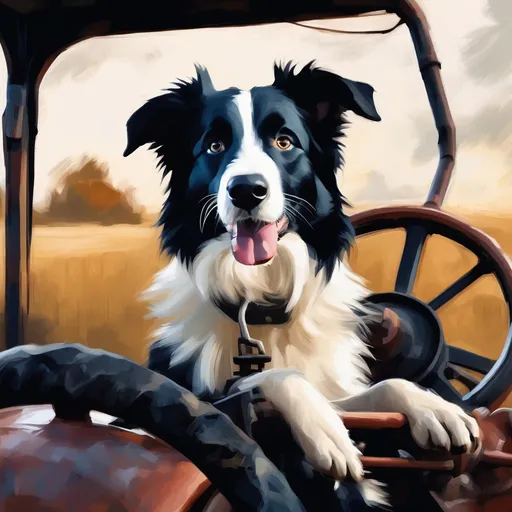 Prompt: oil paint of border collie sitting on a tractor close up calm strokes,smooth edges,muted colors.Warm lighting neutral backdrop