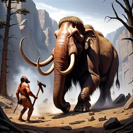 Prompt: Primitive man kills mammoth