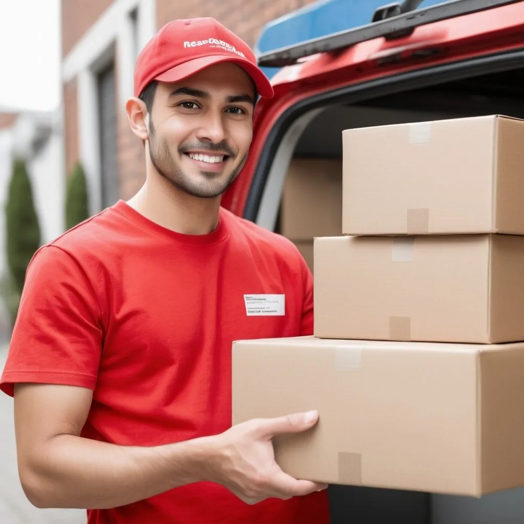 Prompt: A photograph of a delivery boy wearing a red t-shirt handling boxes, with a resolution of 4096 x 2160 pixels