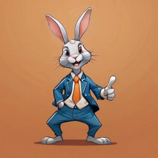 Prompt: He is an anthropomorphic rabbit known for his cunning personality, confident attitude, and ability to get out of sticky situations with humor and intelligence.