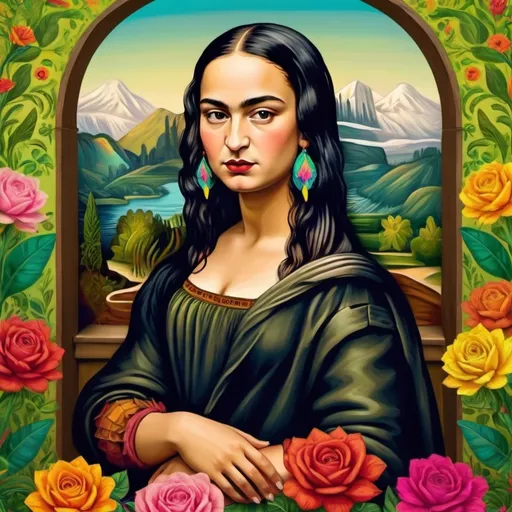 Prompt: (Mona Lisa drawn by Frida Kahlo), surreal style, bright and vivid colors, intricate and symbolic details, dreamlike atmosphere, Mexican cultural elements, lush nature in the background, emotional and introspective mood, warm tones, emotional expressions, blend of classical and modern art, intricate brushwork, highly detailed, 4K, ultra-detailed masterpiece
