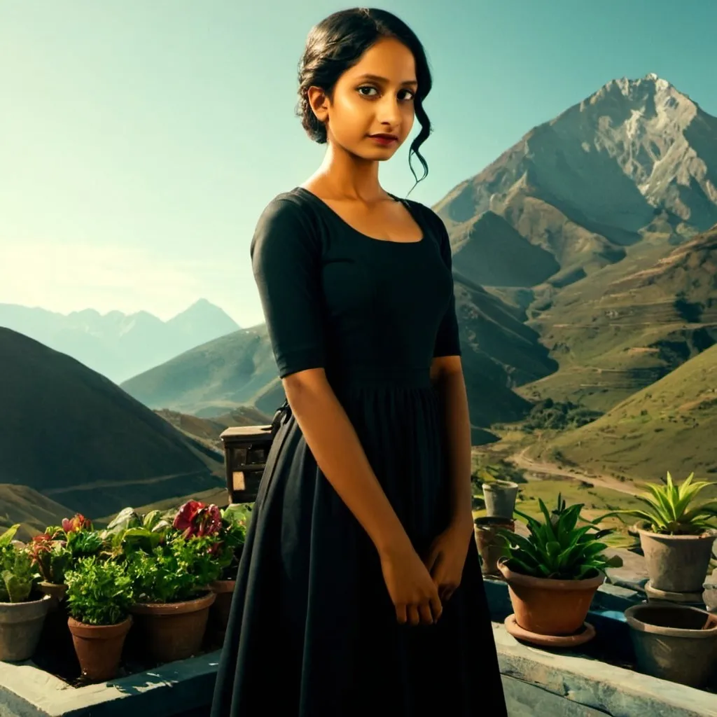 Prompt: a woman in a black dress standing on a roof with a planter behind her and a mountain in the background, Ella Guru, samikshavad, vfx, a detailed matte painting