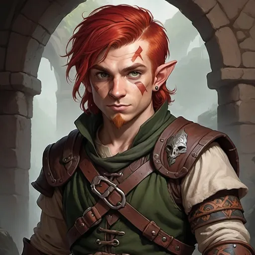 Prompt: Create a male halfling rogue with red hair and a Brandobaris tattoo on his chest based on 5th edition Dungeons and Dragons