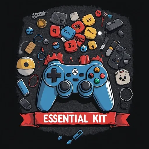 Prompt: draw me an art for a t-shirt for a gamer guy, which says something like "esential kit"