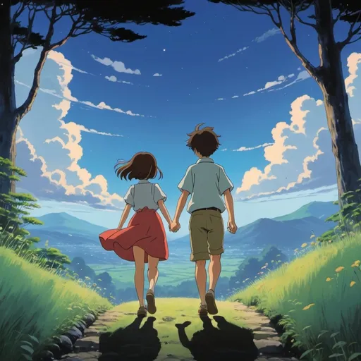Prompt: 2d studio ghibli anime style, boy and girl dancing in the distance