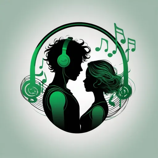 Prompt: illustration music, green, symbolism, cloudcore, boy and girl silhouette , black background, wavy lines organic shapes, logo