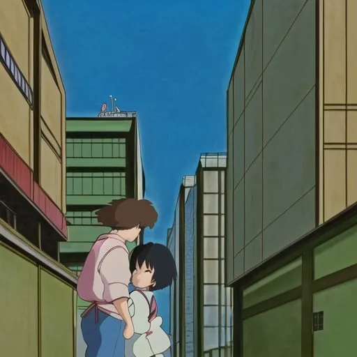Prompt: A boy and girl hugging in the distance, stereotype Japanese buildings surrounding them