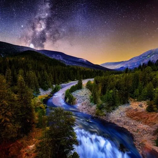 Prompt: Valley with water and trees and milky way on the sky