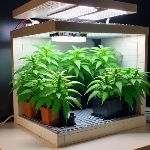 Prompt: Lego weed grow room with a few plants lights and hydro kit