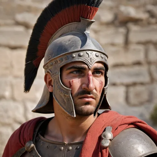 Prompt: greek hoplite with scars on the face portrait --ar 9:16, 