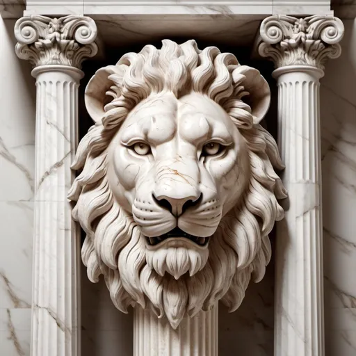 Prompt: Realistic image of two Roman columns, exquisite lion head in the middle, white background, high realism, detailed texture, classical art style, smooth lighting, ancient theme, marble material, lion sculpture, ornate carvings, high quality, detailed, classical, realistic, ancient, marble texture, smooth lighting, white background