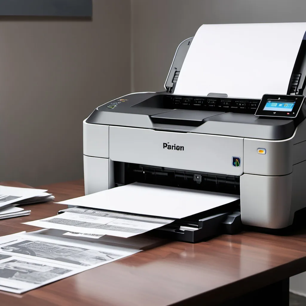 Prompt: A printer and some printed papers on a table