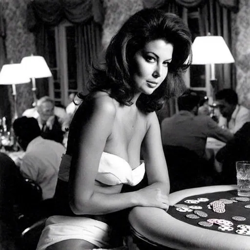 Prompt: <mymodel>hair up in a bun, bare legs, bare stomach, wearing little clothes working as a cocktail waitress at a poker party casino in a house, in the film noir style, glamour photography 