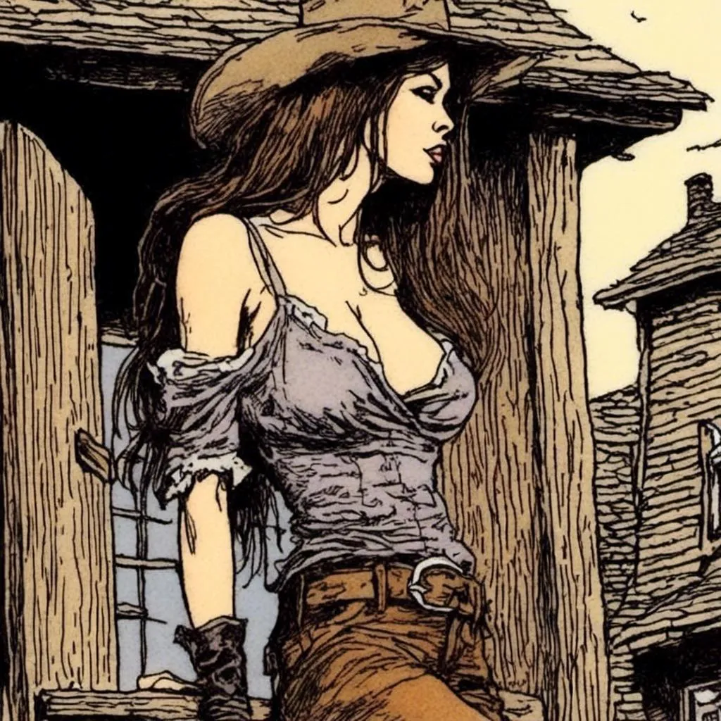 Prompt: <mymodel> Woman cowboy, landfields, chest exposed, detailed, dark colors, dramatic, graphic novel illustration,  2d shaded retro comic book, no blouse, protruding aureolas, outside of an old west town Brothel, small chest, blowing a kiss