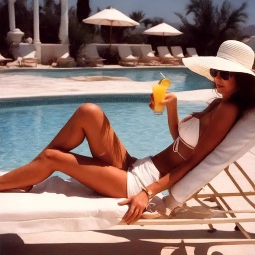 Prompt: <mymodel>at Las Vegas poolside sans top, white bathing suit, with a floppy hat and big sunglasses, long legs, small chested, holding a pina colada drink