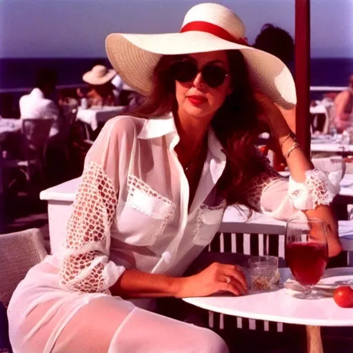 Prompt: <mymodel>sitting at a table at a French port side cafe, wearing a sheer clear blouse with the buttons undone and the blouse open exposing her chest, she is wearing sunglasses and a large hat, red lipstick, looking to the side, a glass of wine is on the table, vogue magazine style, high fashion style, lace stockings