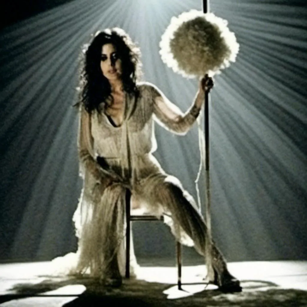 Prompt: <mymodel> wearing white see through top and kneeling on an elevated stage with a pole behind her, dark lighting with fluorescent lights, hands. Covering chest, long dark hair, not smiling