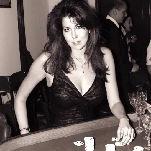 Prompt: <mymodel>small chested wearing a small tight short sheer sundress with hair up in a clip, holding a tray of cocktails near men at a poker table