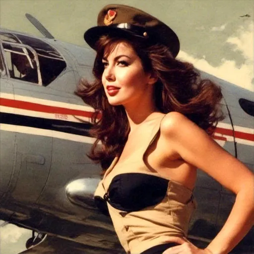 Prompt: <mymodel>Pretty woman in pin-up for airplane nose, 50's editorial color illustration, glamorous pin-up style, vintage military fashion, detailed facial features, high-quality, 40’s editorial, pin-up, military-themed, vintage, detailed, stylish, glamorous, colorful, vintage lighting, sheer, tight, bare