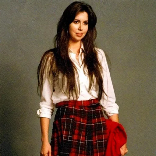 Prompt: <mymodel> brown eyes, auburn hair, long hair, standing, sheer see through button Down blouse, buttons undone, shirt open and exposed, red plaid skirt, looking away, small chest exposed, 3D, full body 