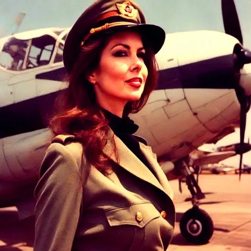 Prompt: <mymodel>Pretty woman in a military-themed outfit for airplane nose, 50's editorial color illustration, glamorous pin-up style, vintage military fashion, detailed facial features, high-quality, 50s editorial, pin-up, military-themed, vintage, detailed, stylish, glamorous, colorful, vintage lighting