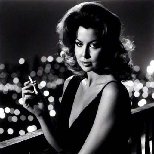 Prompt: <mymodel>dim, night film noir photography, Bombshell Actress, 1950s, holding cigarette, city background, black satin, shadows