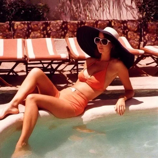 Prompt: <mymodel>Palm Springs poolside, sunbathing chest, rubbing oil on chest, halter top bathing suit, with a floppy hat and big sunglasses, long legs, small breasted