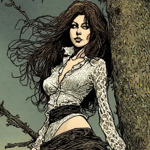 Prompt: <mymodel>Woman cowboy, landfields, detailed, dark colors, dramatic, graphic novel illustration,  2d shaded retro comic book, sheer lace blouse