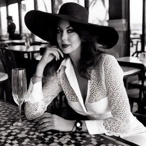 Prompt: <mymodel>sitting at a table at a French port side cafe, wearing a sheer clear blouse with the buttons undone and the blouse open exposing her chest, she is wearing sunglasses and a large hat, red lipstick, looking to the side, a glass of wine is on the table, vogue magazine style, high fashion style, lace stockings